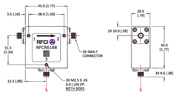 RFCI RFCR6168射頻微波環行器尺寸圖 RFCI RFCR6168射頻微波環行器尺寸圖
